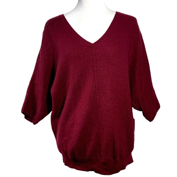 R LABEL V-Neck Sweater Wool Cashmere Burgundy Size L/XL Dolman Elbow Sleeve - Picture 2 of 9
